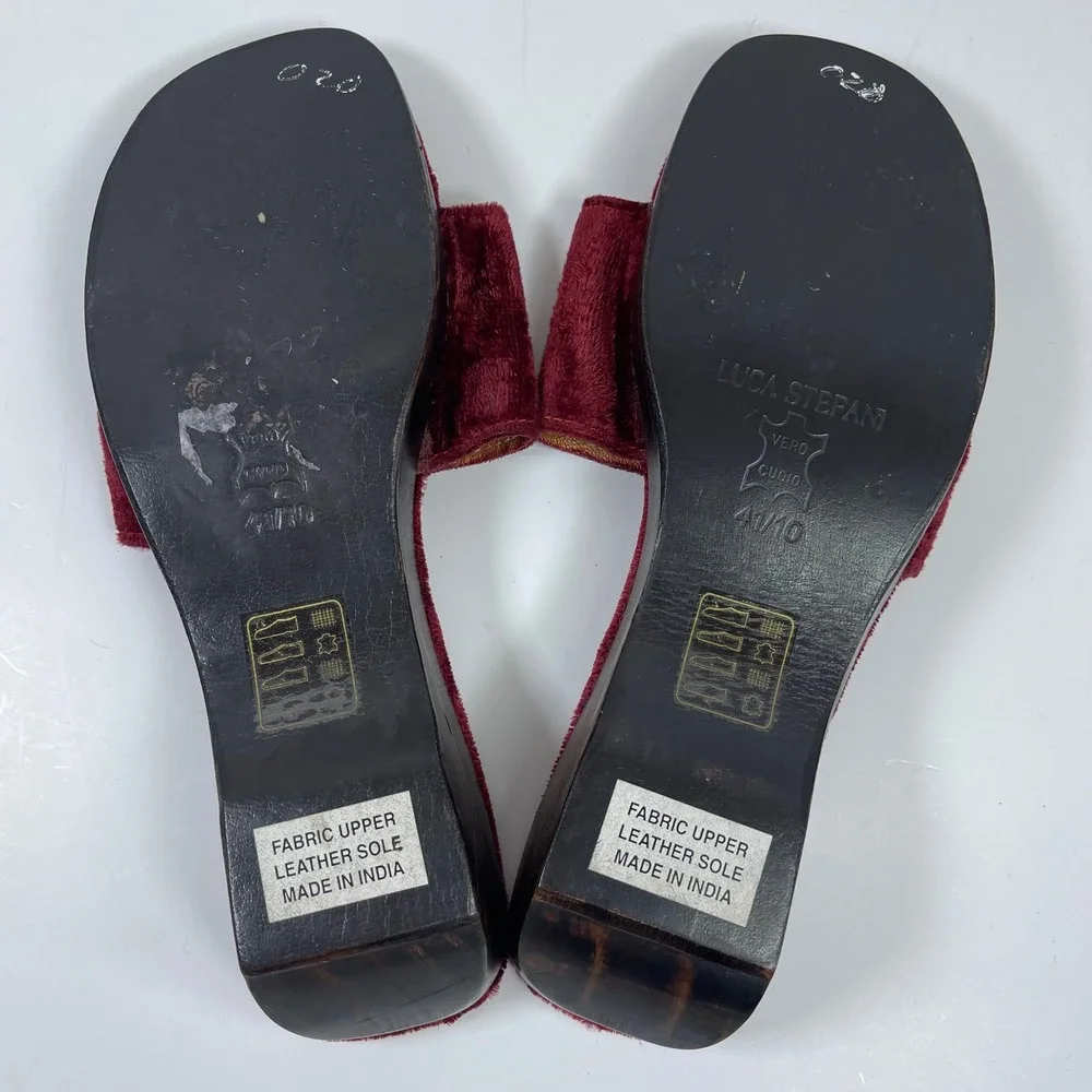 Vintage Luca Stefani Cross Velvet Wedge Sandals Women 41/10 Red Gothic Slides